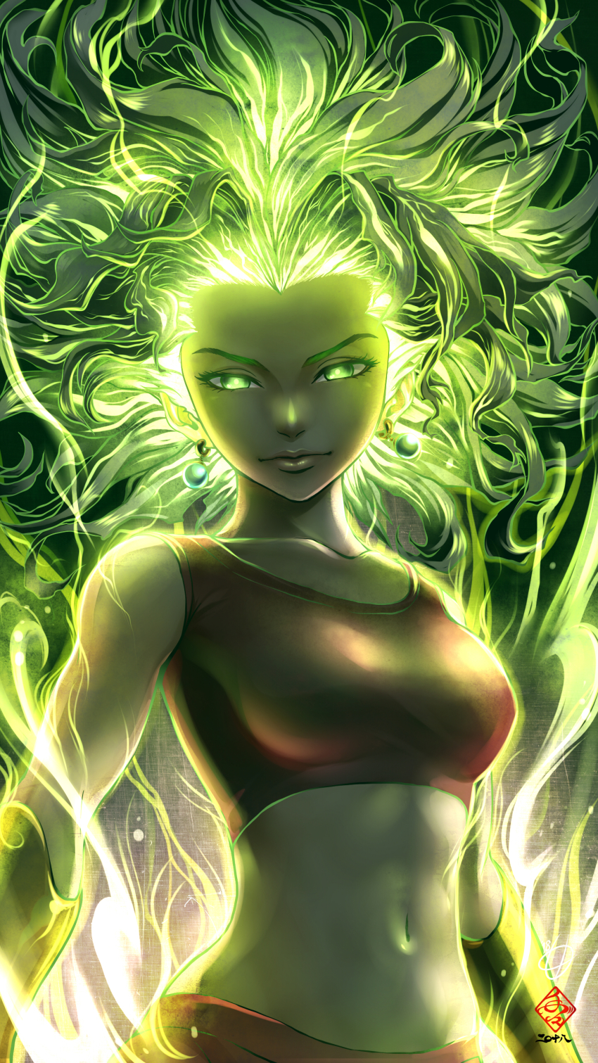 1girl absurdres arm_cuffs breasts cowboy_shot dragon_ball dragon_ball_super earrings energy floating_hair glowing glowing_eyes glowing_hair green_eyes green_hair highres jewelry kanchiyo kefla_(dragon_ball) looking_at_viewer medium_breasts medium_hair midriff navel potara_earrings signature solo sports_bra super_saiyan