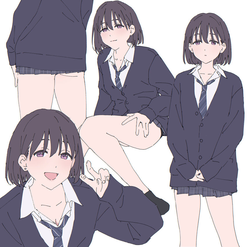 1girl :d bent_v black_hair black_socks blush breasts cardigan cleavage collarbone collared_shirt commentary earrings expressionless from_behind hand_on_own_hip hand_on_own_thigh highres jewelry loose_necktie mikazuchi_zeus necktie no_shoes open_mouth original own_hands_together partially_unbuttoned pleated_skirt purple_eyes purple_necktie school_uniform shirt short_hair simple_background sitting skirt small_breasts smile socks standing v white_background white_shirt