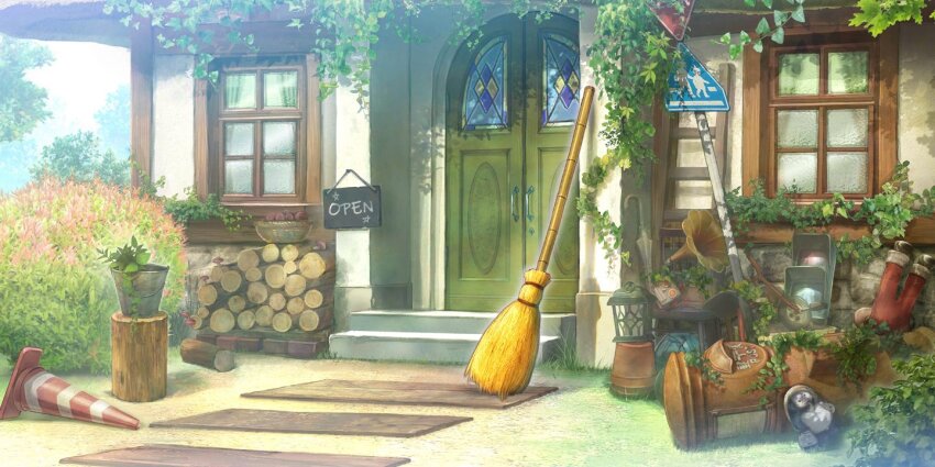 artist_request basket broom bucket bush day door flower_pot game_cg kirisame_magic_shop ladder lantern log no_humans official_art open_sign outdoors phonograph plant postbox_(outgoing_mail) road_sign scenery school_crossing_sign sign third-party_source touhou touhou_lostword traffic_cone traffic_light umbrella vines window