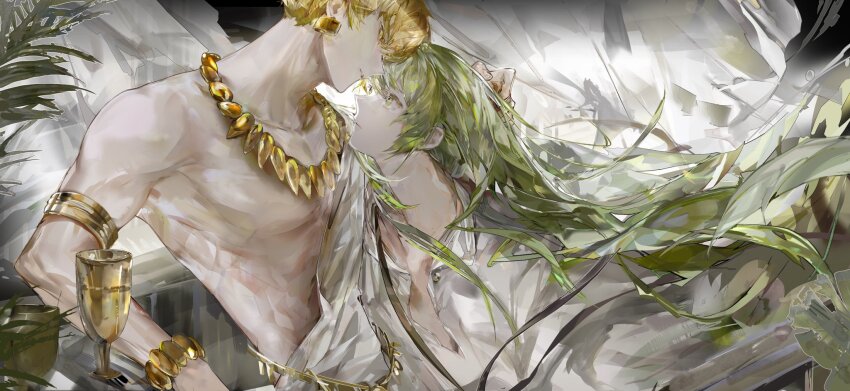 1other androgynous blonde_hair bracelet cup earrings enkidu_(fate) face-to-face fate/grand_order fate/strange_fake fate_(series) floating_hair gilgamesh_(fate) gold_armlet green_eyes green_hair hair_between_eyes highres jewelry long_hair long_sleeves necklace other_with_male plant red_eyes rihuajiong robe short_hair toga very_long_hair white_robe