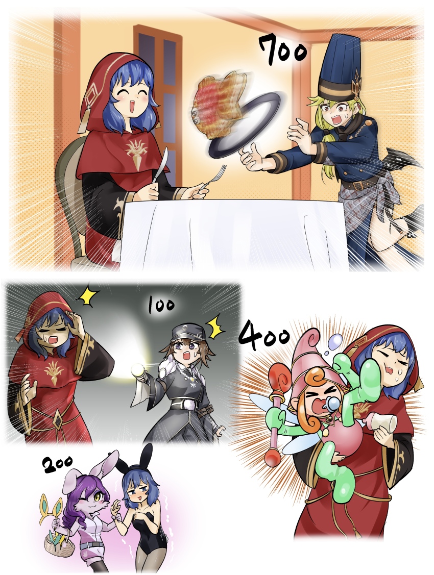 5girls absurdres accident berry_magician_girl black_leotard blue_eyes blue_hair bunny_ear_enthusiast crying duel_monster exosister_sophia flashlight food gameplay_mechanics highres kicking leotard lo_the_prayers_of_the_voiceless_voice multiple_girls multiple_views pacifier playboy_bunny poissoniere_de_nouvelles rabbit_girl red_robe robe sawan_cutman smile stats table taiyaki tripping wagashi yu-gi-oh!