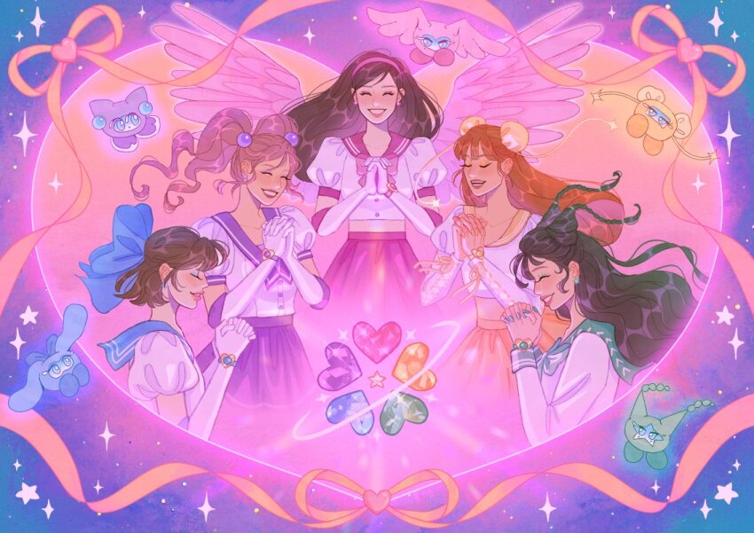 5girls blue_bow blue_sailor_collar bow brown_hair bun_cover closed_eyes commentary crop_top earrings floating_hair gloves green_sailor_collar hair_bow hair_tie heart irene_(red_velvet) jewelry joy_(red_velvet) k-pop long_hair mimimar multiple_girls nail_polish orange_hair orange_sailor_collar pink_sailor_collar pink_theme profile puffy_sleeves purple_sailor_collar real_life red_velvet_(group) sailor_collar seulgi_(red_velvet) short_hair smile sparkle twintails wendy_(red_velvet) white_gloves wings yeri_(red_velvet)