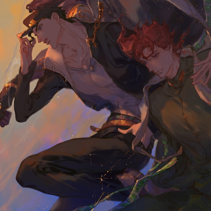 2boys black_hair chain earrings gakuran green_eyes groin hat hierophant_green highres jewelry jojo_no_kimyou_na_bouken kakyoin_noriaki kuujou_joutarou long_coat male_focus mitus multiple_boys purple_eyes red_hair school_uniform stand_(jojo) star_(symbol) star_print stardust_crusaders