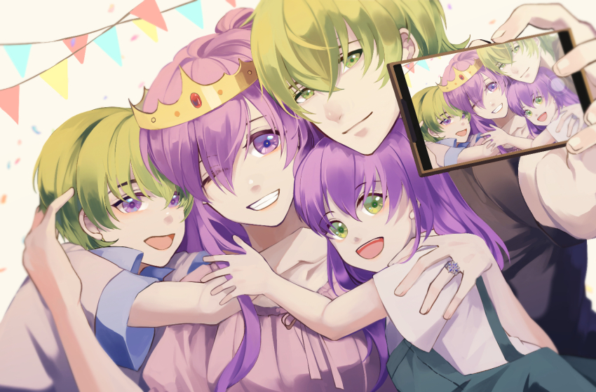 2boys 2girls :d black_shirt brother_and_sister cellphone closed_mouth collarbone commission family father_and_daughter father_and_son female_shez_(fire_emblem) fire_emblem fire_emblem:_three_houses fire_emblem_warriors:_three_hopes green_eyes green_hair green_overalls grin hair_between_eyes hetero holding holding_phone hug husband_and_wife if_they_mated long_hair male_byleth_(enlightened)_(fire_emblem) male_byleth_(fire_emblem) mother_and_daughter mother_and_son multiple_boys multiple_girls nintendo one_eye_closed open_mouth overalls phone purple_eyes purple_hair selfie shirt short_hair short_sleeves siblings smartphone smile teeth tongue tsang_fei white_shirt