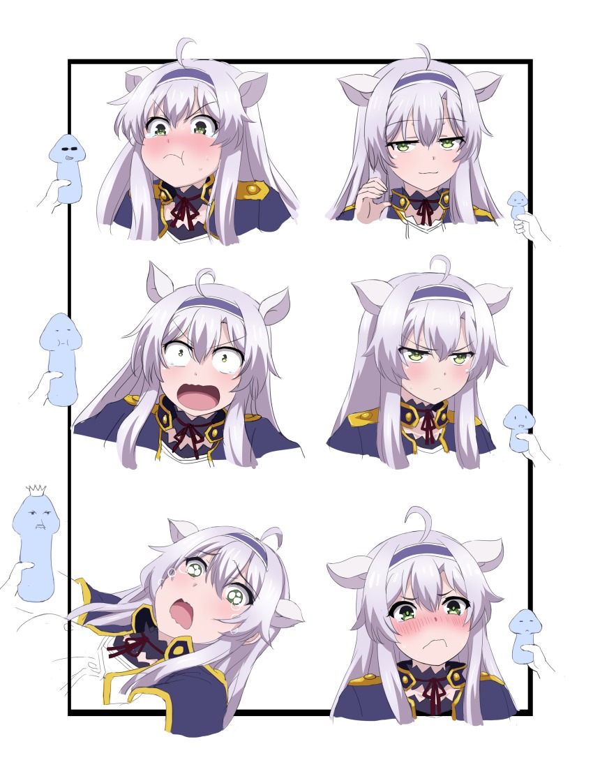 &gt;_&lt; 10s absurdres ahoge animal_ears blush breasts capelet choker crying green_eyes hair_ornament hairband highres hu_sea long_hair mushroom open_mouth pout purple_hair ribbon rokudenashi_majutsu_koushi_to_akashic_record sexually_suggestive sistine_fibel smile tears wavy_mouth