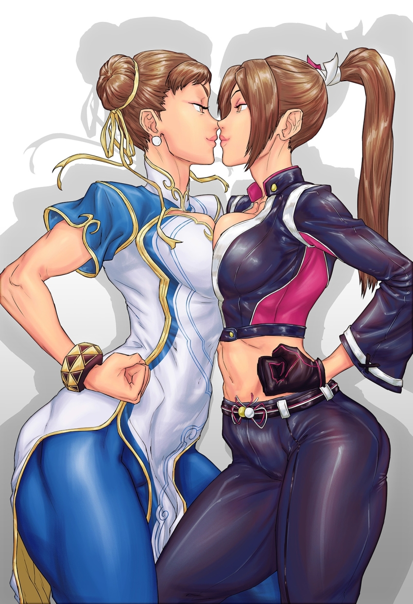 2girls akiman_pose arm_guards black_gloves black_jacket black_jumpsuit black_pants blush bracelet breast_contest breast_press breast_zipper breasts brown_eyes brown_hair capcom china_dress chinese_clothes chun-li cleavage closed_mouth commentary_request crop_top cropped_jacket crossover double_bun dress earrings eye_contact fatal_fury fatal_fury:_city_of_the_wolves female_focus from_side gloves hair_bun hair_pulled_back hair_ribbon happy high_ponytail highres jacket jewelry jumpsuit large_breasts leather leather_pants long_hair looking_at_another matching_hair/eyes multiple_girls ninja noses_touching official_alternate_costume pants parody ponytail print_jacket ribbon rivalry sebastian_von_buchwald shiranui_mai short_hair short_sleeves sideboob simple_background smile snk spandex standing street_fighter street_fighter_6 symmetrical_docking thick_thighs thighs yellow_ribbon