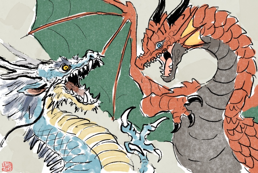 blue_eyes commentary_request dragon eastern_dragon green_background highres hotathino looking_at_viewer no_humans open_mouth original simple_background upper_body western_dragon yellow_eyes