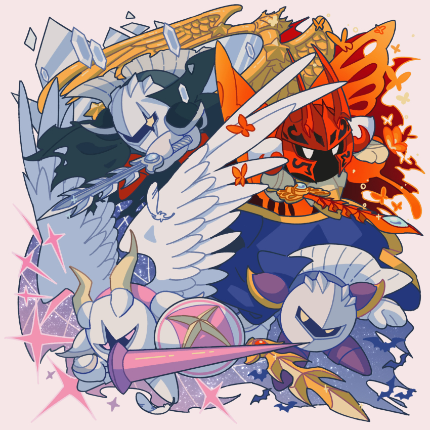 4boys absurdres angel_wings armor black_cape blue_cape bug butterfly butterfly_wings cape commentary_request dark_meta_knight dimension_mirror feathers galacta_knight glef_life highres holding holding_polearm holding_sword holding_weapon horns insect insect_wings kirby_(series) lance mask meta_knight mirror morpho_knight multiple_boys nintendo no_humans orange_butterfly pauldrons pink_eyes polearm purple_footwear red_footwear red_mask scar shoes shoulder_armor solid_oval_eyes star_(symbol) sword torn_cape torn_clothes weapon white_eyes white_footwear white_mask wings yellow_eyes yellow_shoes