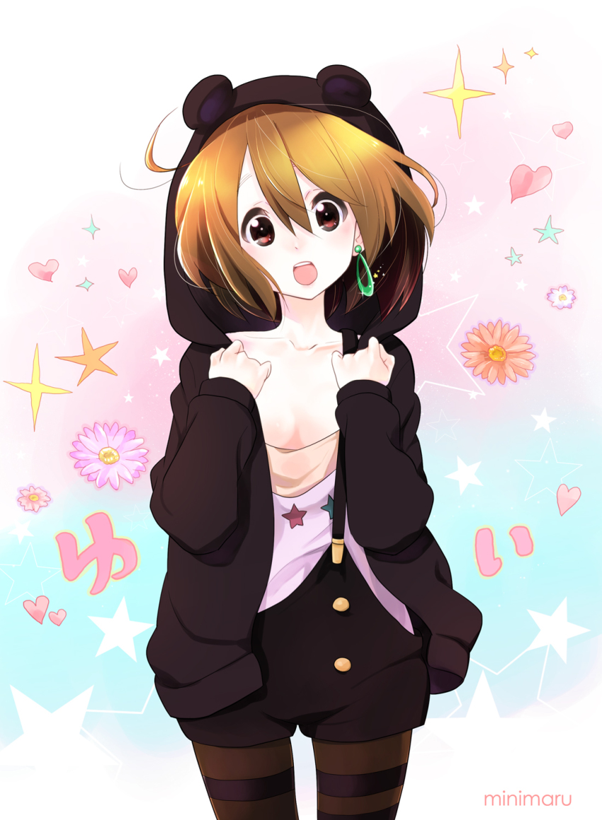 1girl animal_ears bear_ears brown_eyes brown_hair character_name collarbone female_focus flat_chest hair_between_eyes highres hirasawa_yui hood hoodie k-on! minimaru no_bra pantyhose parka short_hair solo striped_clothes striped_pantyhose teeth upper_teeth_only
