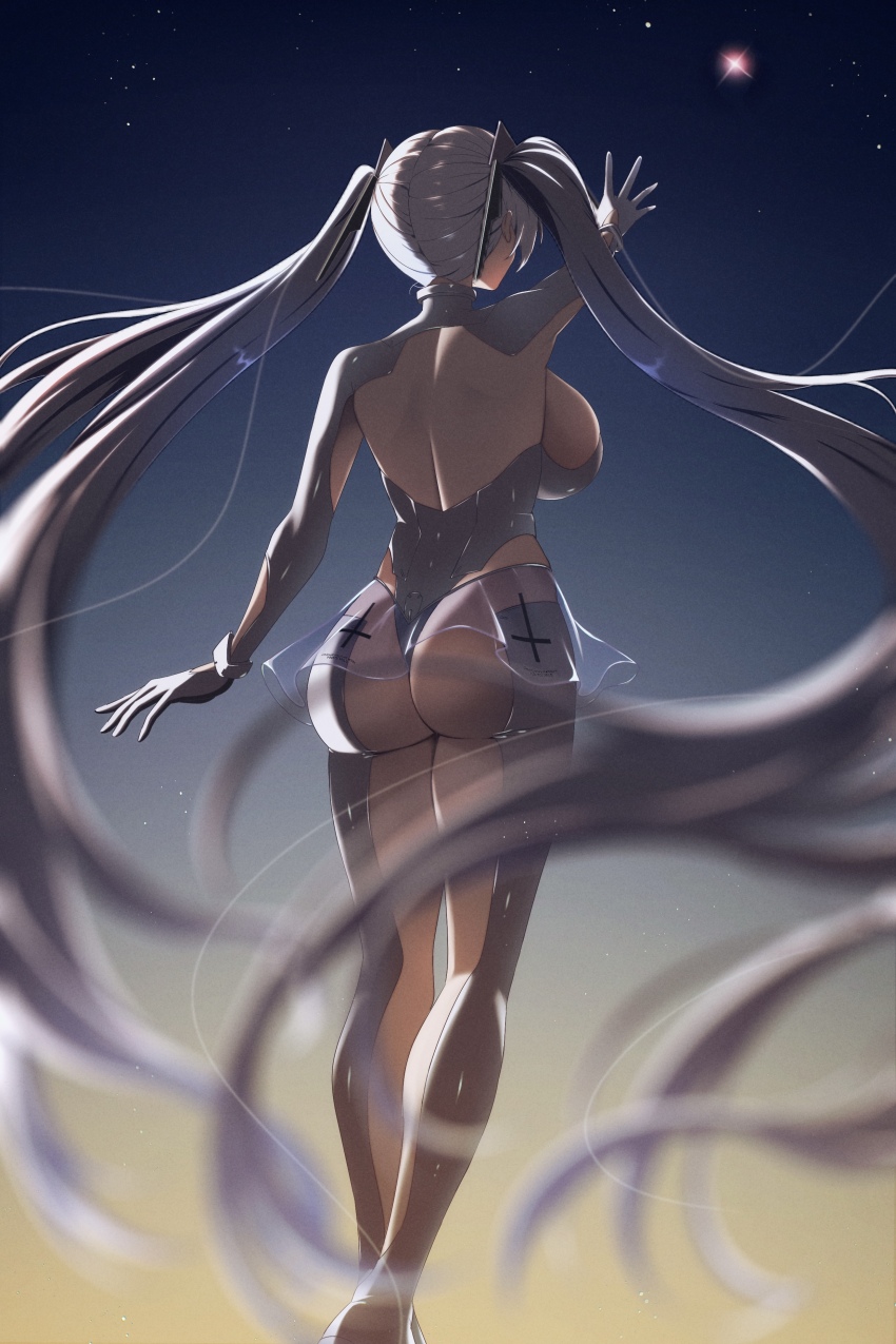 1girl absurdres ass back bodysuit breasts cinderella_(nikke) commentary_request from_behind goddess_of_victory:_nikke highres large_breasts long_hair milmil7 night night_sky sideboob sky solo twintails very_long_hair white_bodysuit white_hair