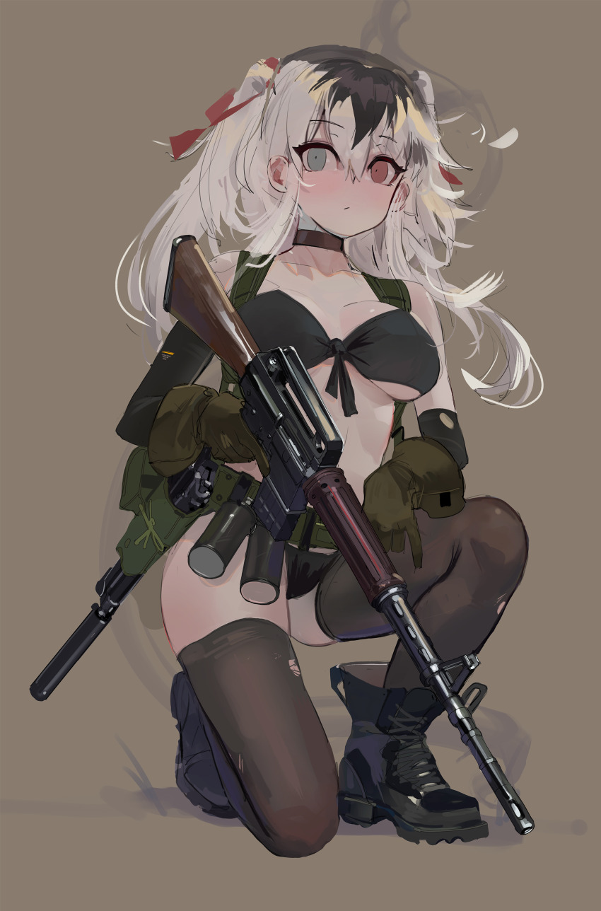1girl absurdres ar-10 assault_rifle battle_rifle beretta_92 black_hair blue_eyes boots breasts brown_leggings cleavage gloves green_gloves gun hair_between_eyes handgun heterochromia highres holster leggings looking_at_viewer medium_breasts midriff_peek multicolored_hair original polilla red_eyes rifle sidelocks simple_background smoke_grenade solo suppressor tactical_clothes twintails two-tone_hair weapon white_hair