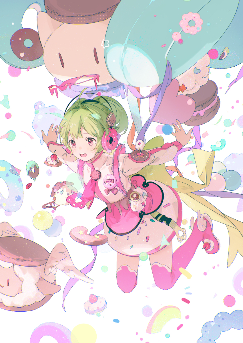 1girl absurdres ahoge balabling collared_shirt donut_print feet_up floating food food_print green_hair headphones highres long_bangs long_sleeves looking_ahead macaron miniskirt name_tag necktie open_mouth original outstretched_arms oversized_food oversized_object pink_necktie pink_skirt pink_thighhighs ponytail raised_eyebrows red_eyes shirt short_hair short_ponytail sidelocks skirt solo tamagotchi teeth thighhighs upper_teeth_only white_shirt