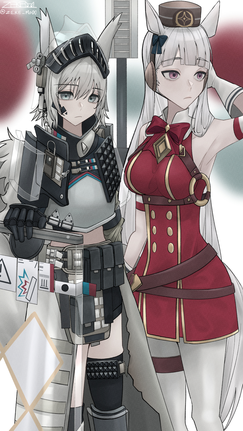 2girls absurdres animal_ears arknights arm_behind_head armor armpits ashlock_(arknights) asymmetrical_legwear bare_shoulders black_thighhighs blue_bow blunt_bangs blurry blurry_background bow bowtie breastplate brown_headwear commentary crossover dress ear_bow faulds gauntlets gloves gold_ship_(umamusume) gold_trim gorget grey_eyes grey_hair hair_between_eyes headgear highres holding holding_shield horse_ears horse_girl horse_tail long_hair midriff_peek multiple_girls pantyhose pauldrons pillbox_hat pink_eyes red_bow red_bowtie red_dress riot_shield shield short_hair shoulder_armor sleeveless sleeveless_dress tail thigh_strap thighhighs twitter_username ueda_hitomi umamusume uneven_legwear visor_(armor) voice_actor_connection white_gloves white_pantyhose zeke_mod0
