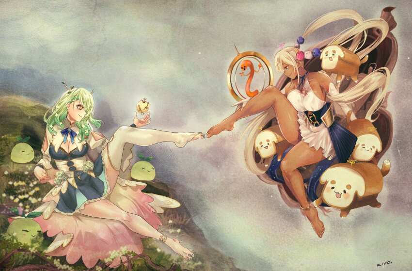 2girls barefoot blonde_hair breasts ceres_fauna ceres_fauna_(1st_costume) dark-skinned_female dark_skin elbow_gloves feet fine_art fine_art_parody flower gloves green_hair hair_flower hair_ornament highres hololive hololive_english horns kivo large_breasts limiter_(tsukumo_sana) long_hair mole mole_under_eye multiple_girls parody planet_hair_ornament sanallite_(tsukumo_sana) sapling_(ceres_fauna) smile the_creation_of_adam touching_another&#039;s_feet tsukumo_sana tsukumo_sana_(1st_costume) twintails very_long_hair virtual_youtuber white_gloves yatagarasu_(tsukumo_sana) yellow_eyes