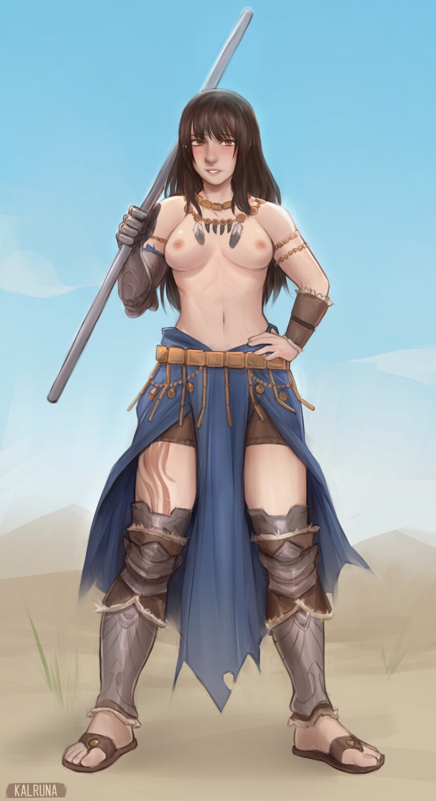 1girl absurdres armor belt blue_sky blush breasts brown_hair cosplay desert feathers fire_emblem fire_emblem:_the_blazing_blade gauntlets greaves hawkeye_(fire_emblem) hawkeye_(fire_emblem)_(cosplay) highres holding holding_weapon jewelry kalruna leg_armor long_hair looking_at_viewer medium_breasts necklace nintendo nipples pashiri_na_boku_to_koi_suru_banchou-san pole sandals shorts single_vambrace skirt sky smile standing tattoo topless_female toramaru_kanade vambraces weapon yellow_eyes