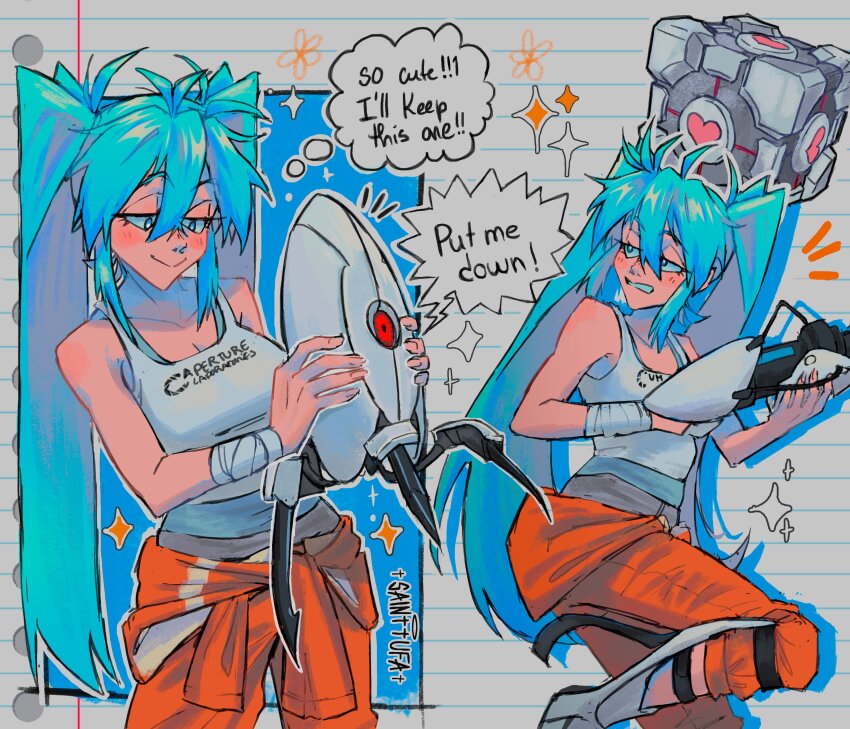 1girl absurdres aperture_science_handheld_portal_device aperture_science_weighted_companion_cube aqua_eyes artist_name bandaged_wrist bandages blue_eyes breasts bright_pupils chell chell_(cosplay) clothes_writing commentary cosplay crossover english_text grey_background hatsune_miku highres holding jumpsuit jumpsuit_around_waist long_fall_boots long_hair medium_breasts multiple_views orange_jumpsuit orange_pants pants portal_(series) sainttufa sentry_turret_(portal) sparkle tank_top very_long_hair vocaloid white_pupils white_tank_top