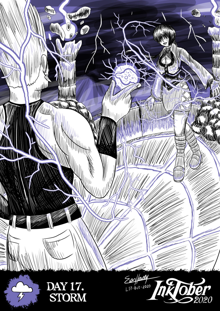1girl boots breasts cleavage cleavage_cutout clothing_cutout curvy electricity evan_harrey female_focus huge_breasts jacket large_breasts long_hair long_sleeves nikaidou_benimaru orochi_shermie outdoors ponytail shermie_(kof) standing storm the_king_of_fighters thunder twintails wide_hips