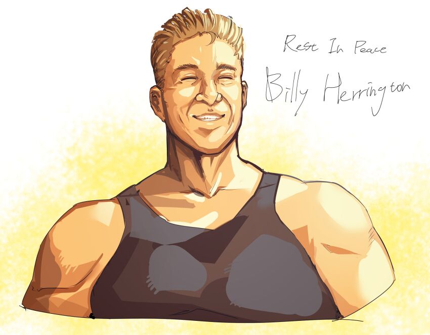 1boy ^_^ at2. bare_shoulders billy_herrington black_shirt blonde_hair character_name closed_eyes collarbone cropped_torso english_text forehead gachimuchi_pants_wrestling grin happy highres male_focus muscular muscular_male real_life rest_in_peace_(phrase) shirt short_hair simple_background sleeveless sleeveless_shirt smile solo teeth two-tone_background upper_body yellow_background