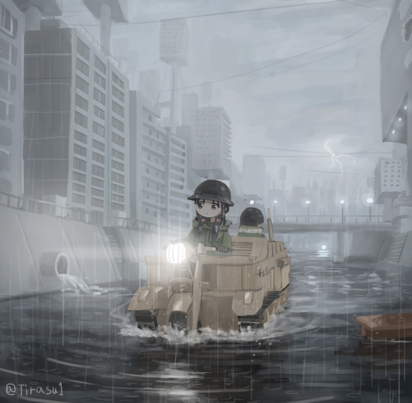 2girls black_eyes black_gloves black_hair bridge brodie_helmet building canal chito_(shoujo_shuumatsu_ryokou) city coat combat_helmet commentary_request dnjd15411541 drainpipe driving facing_away gloves green_coat hair_over_shoulder helmet highres hood hood_down hooded_coat kettenkrad lamppost lightning long_sleeves low_twintails multiple_girls outdoors power_lines rain scenery shoujo_shuumatsu_ryokou storm twintails twitter_username urban wide_shot yuuri_(shoujo_shuumatsu_ryokou)