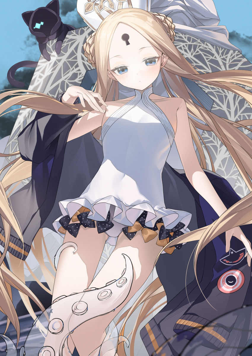 1girl abigail_williams_(fate) abigail_williams_(swimsuit_foreigner)_(fate) abigail_williams_(swimsuit_foreigner)_(second_ascension)_(fate) absurdres blonde_hair braid braided_bun cat double_bun dress_swimsuit expressionless fate/grand_order fate_(series) hair_bun hat highres keyhole long_hair mitre miyu10366 nosh_(fate) one-piece_swimsuit solo suction_cups swimsuit tentacles thigh_gap very_long_hair white_one-piece_swimsuit
