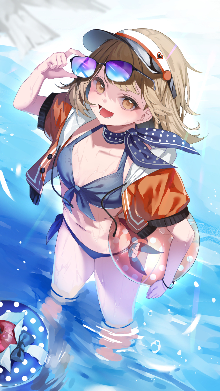 1girl :d adjusting_eyewear alternate_costume apple apple_(reverse:1999) ball beachball bikini black_bow black_bowtie blue_bikini blue_innertube blue_neckerchief bow bowtie breasts brown_hair cowboy_shot eyewear_on_head food from_above front-tie_bikini_top front-tie_top fruit hand_on_eyewear hand_up highres holding holding_ball jacket kuramoto_beta-carotene looking_at_viewer lower_teeth_only making-of_available navel neckerchief open_clothes open_jacket open_mouth orange_eyes polka_dot_neckerchief red_jacket regulus_(reverse:1999) reverse:1999 short_hair short_sleeves side-tie_bikini_bottom small_breasts smile solo sunglasses swimsuit teeth tongue traditional_bowtie visor_cap wading water