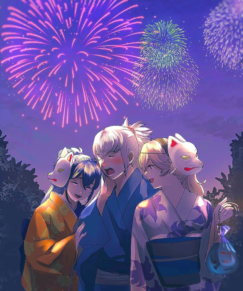 1boy 2girls aerial_fireworks alternate_costume bavaa blue_hair female_corrin_(fire_emblem) festival fire_emblem fire_emblem_fates fireworks fox_mask grey_hair highres japanese_clothes kimono mask multiple_girls night night_sky nintendo oboro_(fire_emblem) open_mouth sky takumi_(fire_emblem) white_hair