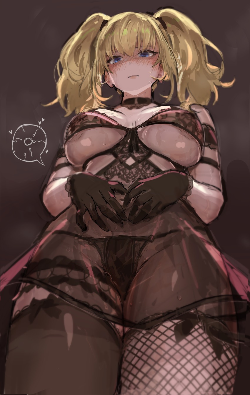 1girl absurdres ani_(xai) asymmetrical_legwear black_bra black_gloves black_panties black_thighhighs blonde_hair blue_eyes blush bra breasts closed_mouth cowboy_shot fertilization fishnet_thighhighs fishnets gloves groin heart highres impregnation large_breasts lingerie looking_at_viewer ovum panties see-through_clothes siropan_honjikomi solo sperm_cell thighhighs twintails twitter underwear xai_(company)