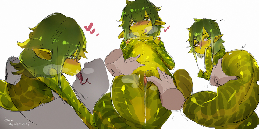 1boy 1girl breasts colored_skin disembodied_hand faceless faceless_male forked_tongue from_behind green_hair green_skin heart hetero kiss long_tongue looking_back looking_down lying_on_person monster_girl my700 nipples nude original pointy_ears pussy pussy_juice simple_background small_breasts spread_pussy tail tongue twitter_username urethra white_background