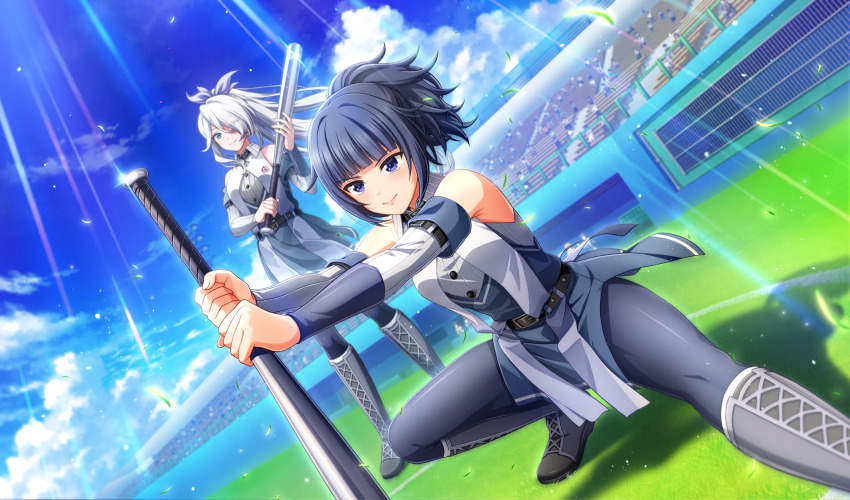 2girls baseball_bat baseball_stadium baseball_uniform belt belt_buckle black_belt black_pantyhose blue_eyes blue_hair blunt_bangs boots bow buckle cinderella_series closed_mouth cloud crowd cumulonimbus_cloud dark_blue_hair detached_sleeves dress eyes_visible_through_hair falling_leaves film_grain game_cg grey_footwear hachigatsu_no_cinderella_nine hair_bow hair_over_one_eye high_ponytail highres holding holding_baseball_bat kusakari_rena leaf light_particles light_rays long_hair looking_ahead metal_baseball_bat multicolored_dress multiple_girls non-web_source official_art on_grass one_eye_covered outdoors pantyhose ponytail purple_bow sagara_yoshino sky sleeveless sleeveless_dress smile sportswear standing stretching sunbeam sunlight v-shaped_eyebrows white_hair