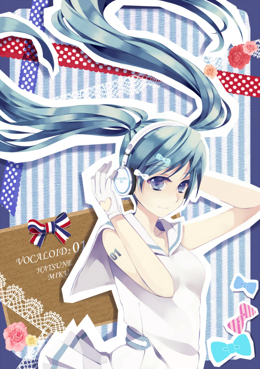 1girl aqua_hair blue_eyes female_focus floating_hair flower hatsune_miku headphones highres long_hair neko_(natsuiroclassic) skirt smile solo twintails vocaloid