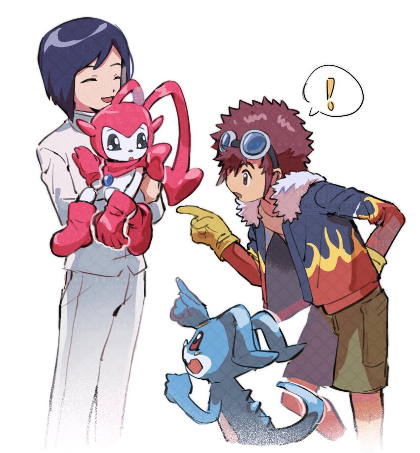 ! 3boys black_hair blue_jacket brown_hair commentary_request cowboy_shot digimon digimon_adventure_02 flame_print gloves goggles goggles_on_head green_shorts group_picture highres ichijouji_ken jacket motomiya_daisuke multicolored_jacket multiple_boys open_clothes open_jacket pants pointing pointing_at_another pucchiemon red_jacket short_hair shorts simple_background spoken_exclamation_mark v-mon white_background white_jacket white_pants yellow_gloves yue_da02ren