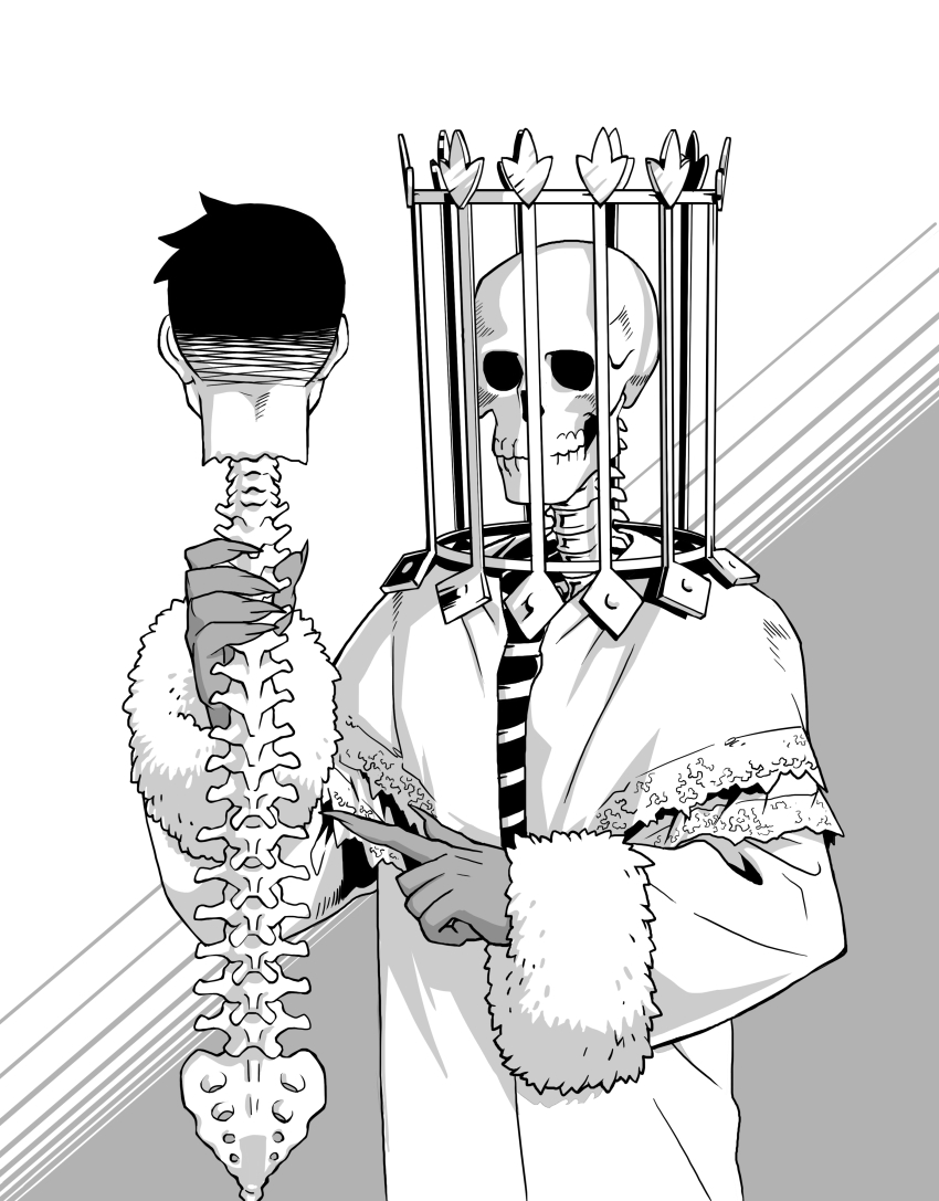 1boy 1other absurdres cage darkest_dungeon fur_trim greyscale highres highwayman_(darkest_dungeon) monochrome robe severed_head short_hair skeleton spine the_collector_(darkest_dungeon) undead varamill