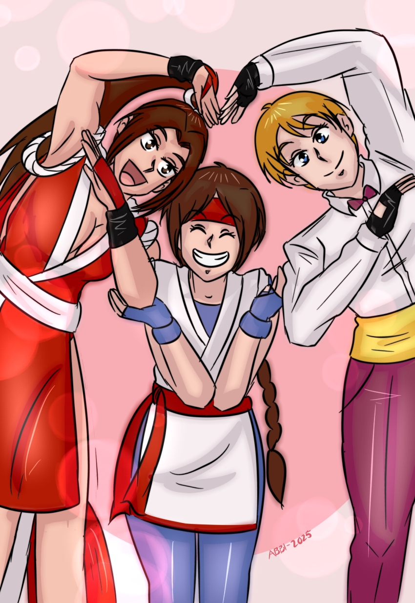3girls absurdres arms_up blue_eyes braid braided_ponytail breasts brown_eyes brown_hair closed_eyes dougi dress female_focus formal_clothes gloves hair_ornament hairband heart highres japanese_clothes karate_gi king_(snk) large_breasts leggings long_hair looking_at_viewer multiple_girls open_mouth oyabunart pale_skin pants ponytail shiranui_mai shirt short_hair skirt smile smiley_face standing suit the_king_of_fighters tuxedo white_shirt yoga_pants yuri_sakazaki