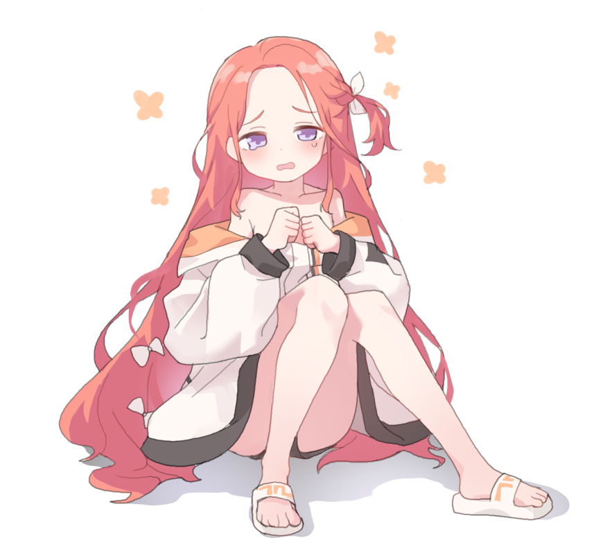 1girl bare_shoulders black_shorts blue_archive blush bow braid clenched_hands collarbone commentary commentary_typo convenient_hand dot_nose forehead full_body hair_bow hands_up highres jacket knees knees_together_feet_apart knees_up legs loli long_hair long_sleeves looking_at_viewer multicolored_jacket no_bra no_halo no_shirt off_shoulder one_side_up open_mouth orange_hair orange_jacket pestchandesu puffy_long_sleeves puffy_sleeves purple_eyes raised_inner_eyebrows sandals shadow shorts sidelocks simple_background single_braid sitting slides solo sweatdrop toes very_long_hair wavy_mouth white_background white_bow white_jacket white_sandals yuzu_(blue_archive)