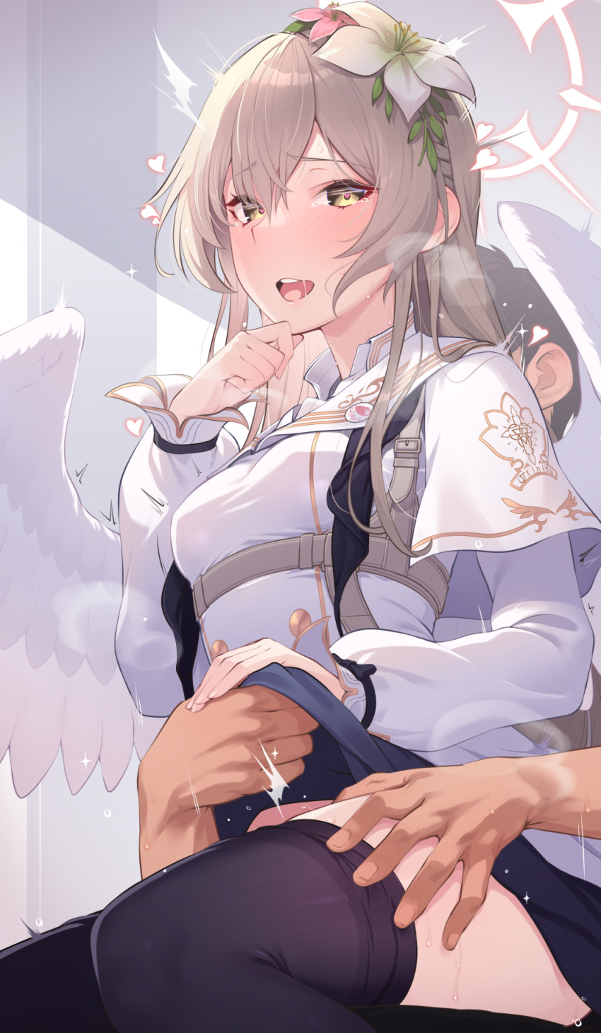 1boy 1girl black_pantyhose blue_archive capelet clothed_sex clothes_lift clothes_pull dress dress_lift feathered_wings flower hair_between_eyes hair_flower hair_ornament halo heart heart_in_eye hetero highres hikichi_sakuya implied_sex lifting_another&#039;s_clothes light_brown_hair long_hair long_sleeves looking_at_viewer nagisa_(blue_archive) open_mouth pantyhose pantyhose_pull solo_focus symbol_in_eye teeth upper_teeth_only white_capelet white_dress white_wings wings yellow_eyes