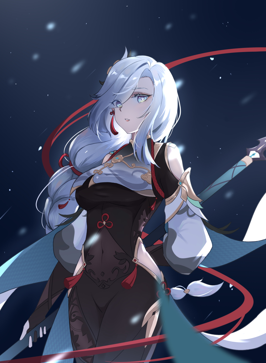1girl absurdres black_bodysuit blue_background bodysuit breast_curtain breasts calamity_queller_(genshin_impact) chinese_knot clothing_cutout covered_navel cow cowboy_shot earrings from_side genshin_impact gloves grey_eyes hair_over_one_eye highres hip_vent holding holding_polearm holding_weapon jewelry kazezz large_breasts long_hair looking_at_viewer low-braided_long_hair low-tied_long_hair parted_lips partially_fingerless_gloves polearm shenhe_(genshin_impact) shoulder_cutout snowing solo tassel tassel_earrings very_long_hair weapon white_hair