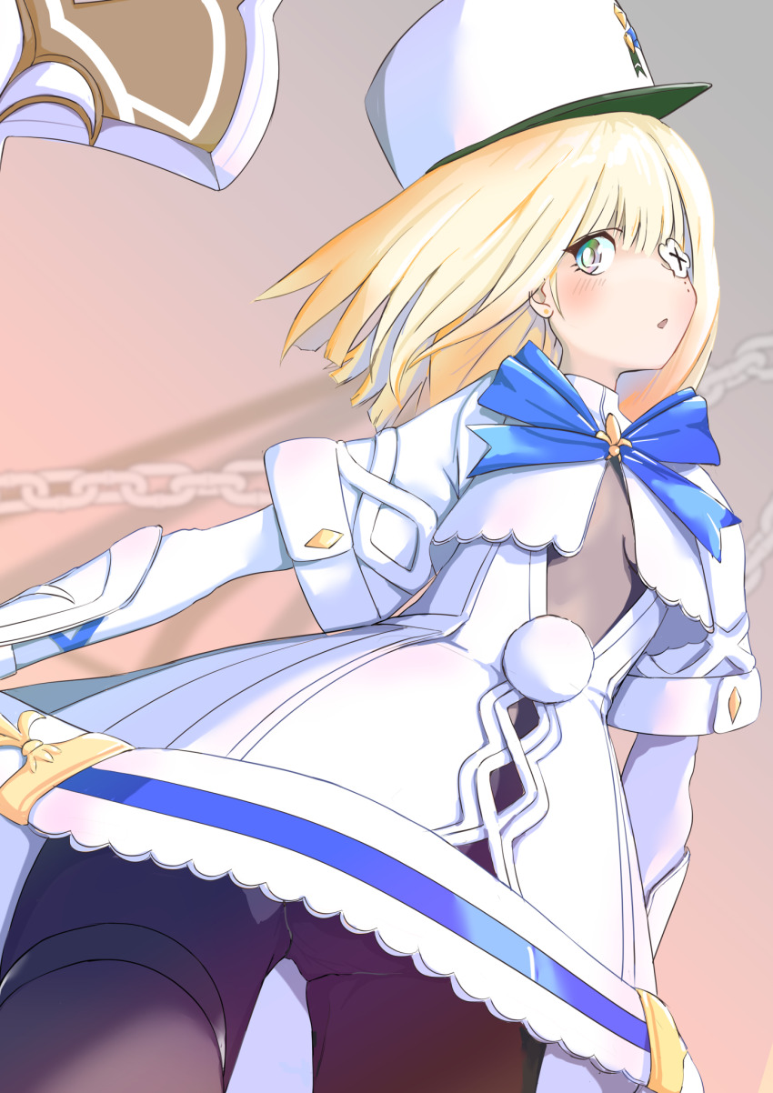 1girl :o azur_lane blonde_hair blue_bow blue_ribbon blush bodystocking bodysuit bodysuit_under_clothes bow breasts breasts_apart capelet center_opening chain collar cowboy_shot dress eyepatch from_below gauntlets gradient_background green_eyes grey_background hair_between_eyes hat highres holding kepi layered_sleeves le_terrible_(azur_lane) long_sleeves looking_at_viewer medium_hair military_hat mole mole_under_eye one_eye_covered p.i.t.d panties panties_under_pantyhose pantyhose pantyshot parted_lips pink_background pom_pom_(clothes) ribbon short_dress short_over_long_sleeves short_sleeves sidelocks simple_background small_breasts solo standing thigh_strap underwear upskirt vambraces weapon white_dress white_hat
