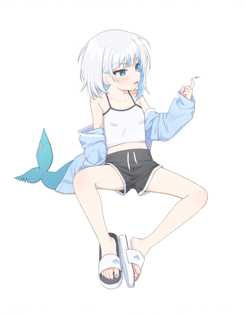 1girl absurdres alternate_costume alternate_hairstyle bare_legs bare_shoulders beckoning black_shorts blue_eyes blue_nails blush commentary_request feet fins fish_tail gawr_gura highres hololive hololive_english korean_commentary looking_to_the_side multicolored_hair open_mouth shorts simple_background solo tail toes two-tone_hair ugaaaa1 virtual_youtuber white_background