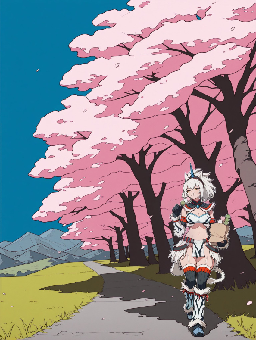 adjusting_clothes adjusting_panties animal_ears armor belt blush breasts cherry_blossoms cleavage dango food gauntlet gloves hair_ornament highres horns inakamonor kirin kirin_(armor) midriff monster_hunter_(series) panties pelvic_curtain sweat tail thighhighs thighs underwear wagashi white_hair yellow_eyes