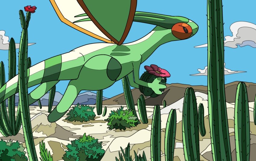 bush cactus claws closed_mouth cloud commentary_request day flygon flying from_side gen_3_pokemon holding nintendo no_humans outdoors pokemon pokemon_(creature) sagemaru-br sky smile solo