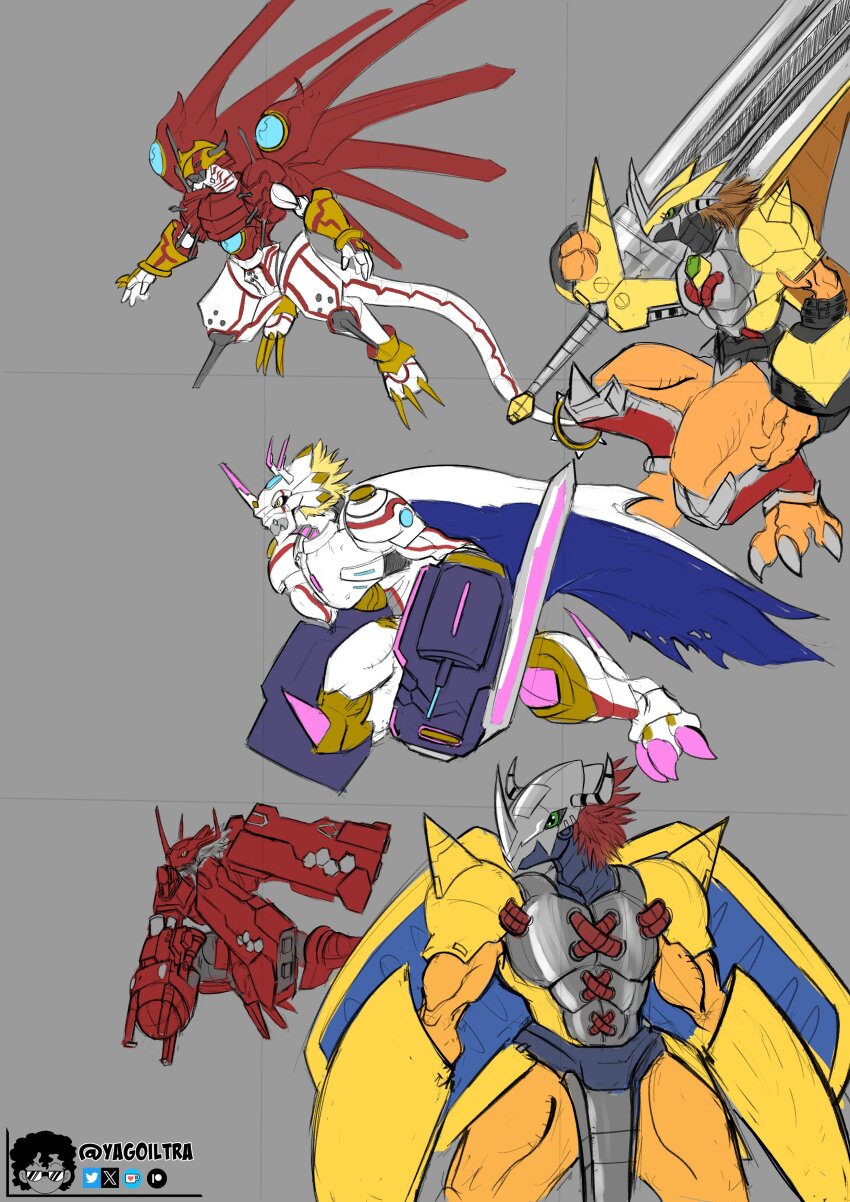 absurdres armor blitzgreymon claws digimon digimon_(creature) dragon_boy green_eyes highres horns shinegreymon siriusmon victorygreymon wargreymon wings