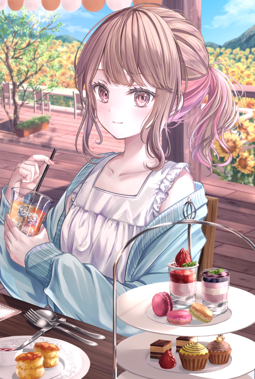 1girl between_fingers blue_jacket blueberry blurry blush breasts brown_hair closed_mouth cloud collarbone cup cupcake depth_of_field dessert dot_nose drink drinking_glass drinking_straw field fingernails flower flower_field food fork frilled_shirt frills fruit hair_pulled_back hand_up highres hill holding holding_cup holding_drinking_straw ice ice_cube jacket jacket_partially_removed kitchen_knife knife long_sleeves medium_hair multicolored_hair nail_polish on_chair open_clothes open_jacket original pastry patio pink_hair pink_nails plate ponytail railing red_eyes shirt sidelocks single_bare_shoulder sitting sleeveless sleeveless_shirt small_breasts smile solo spoon square_neckline strawberry streaked_hair sunflower sunflower_field sweets swept_bangs table three_quarter_view tiered_tray tree ukiukikiwi2525 upper_body wooden_chair wooden_floor wooden_table