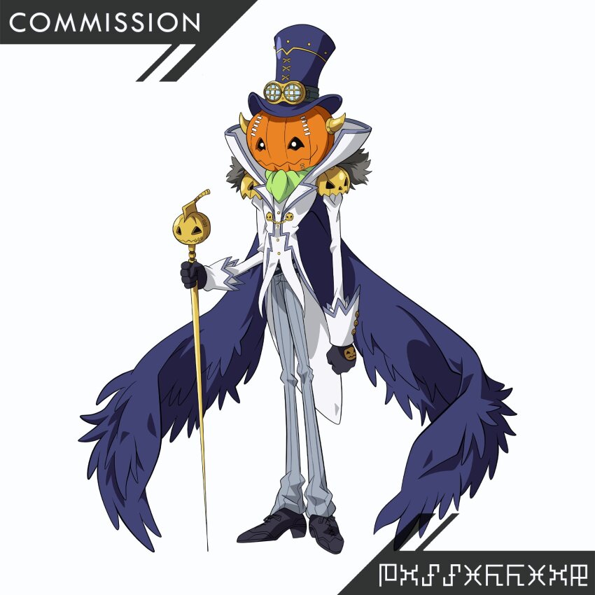digimon digimon_(creature) goggles goggles_on_head hat highres noblepumpmon officialseraphimon pumpkin solo wings