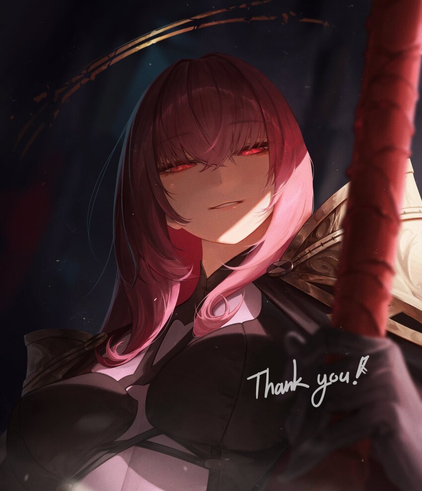 1girl absurdres armor black_bodysuit black_gloves blurry blurry_background bodysuit breasts commission crossed_bangs depth_of_field edwin62293123 english_text fate/grand_order fate_(series) gae_bolg_(fate) gloves hair_between_eyes hashtag-only_commentary highres holding holding_polearm holding_weapon long_hair looking_at_viewer medium_breasts narrowed_eyes parted_lips polearm purple_bodysuit purple_hair red_eyes scathach_(fate) shoulder_armor sidelocks solo spear upper_body weapon