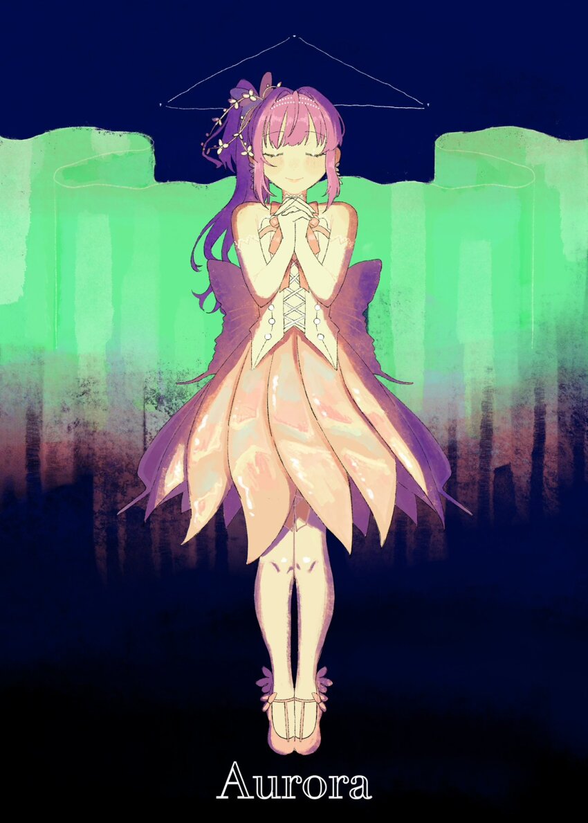 1girl aurora aurora_flower_(love_live!) bare_shoulders butterfly_wings closed_eyes cross-laced_clothes cross-laced_top fake_wings full_body gradient_background green_background highres insect_wings interlocked_fingers link!_like!_love_live! long_hair love_live! medium_skirt name_connection neck_ribbon official_alternate_costume orange_ribbon orange_skirt otomune_kozue own_hands_clasped own_hands_together purple_hair ribbon shirt side_ponytail sidelocks skirt sleeveless sleeveless_shirt solo stew_youbi straight-on thighhighs triangle u_u virtual_youtuber white_shirt white_thighhighs wings