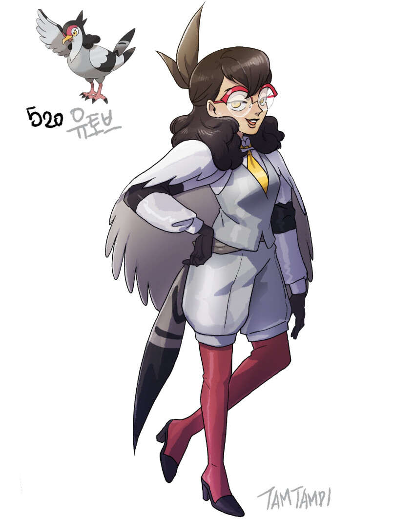 1girl artist_name black_gloves brown_hair game_freak gen_5_pokemon glasses gloves grey_shorts highres humanization jacket looking_at_viewer medium_hair necktie nintendo open_mouth personification pokemon pokemon_(creature) red-framed_eyewear reference_inset shoes shorts smile solo tamtamdi tranquill white_background yellow_eyes yellow_necktie