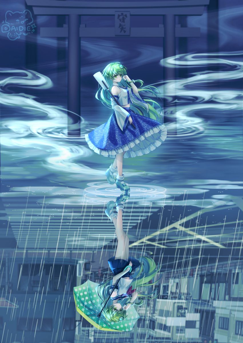 1girl blue_skirt dai_die detached_sleeves full_body green_eyes green_hair highres holding holding_umbrella kochiya_sanae midriff_peek multiple_views night nontraditional_miko polar_opposites rain sailor_collar school_uniform serafuku skirt smile solo symmetry thighs torii touhou umbrella upside-down