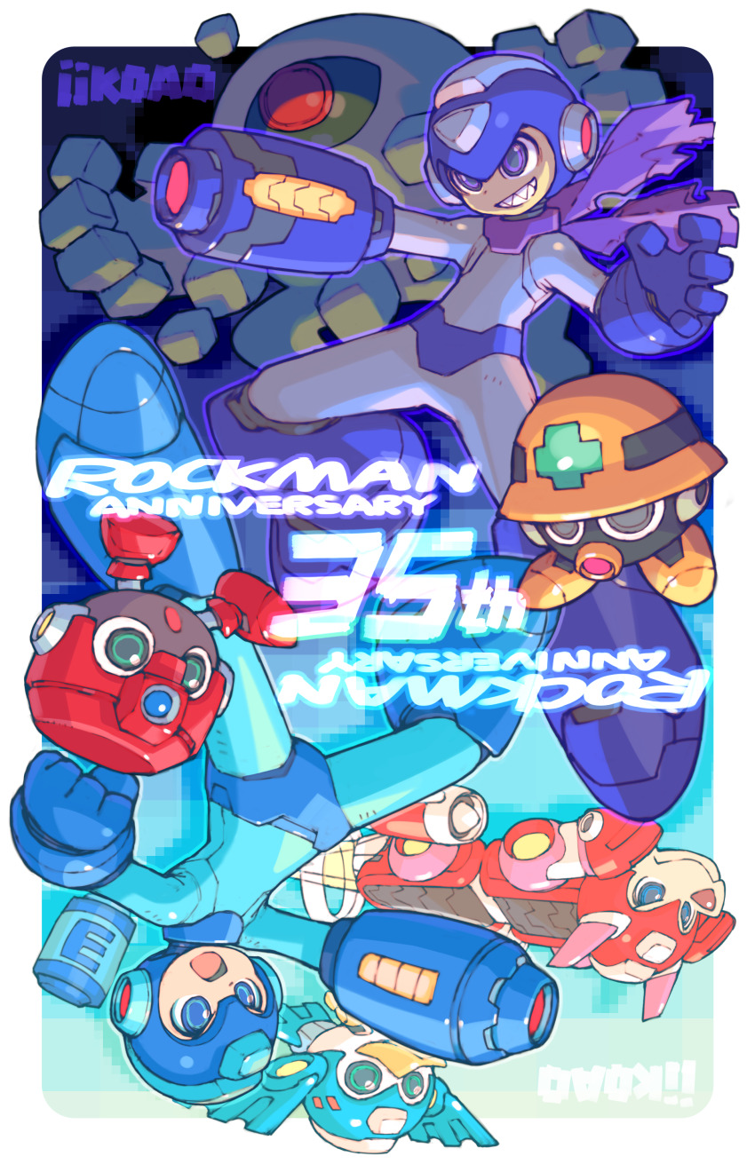 2boys absurdres android anniversary arm_cannon artist_name beat_(mega_man) blue_bodysuit blue_eyes blue_helmet bodysuit border commentary_request copyright_name eddie_(mega_man) energy_tank evil_grin evil_smile grin helmet highres iikoao male_focus arm_cannon mega_man:_powered_up mega_man? mega_man_(character) mega_man_(classic) mega_man_(series) met_(mega_man) multiple_boys non-humanoid_robot one-eyed open_mouth purple_scarf robot robot_animal robot_dog rotational_symmetry rush_(mega_man) scarf self-upload serious sharp_teeth smile teeth torn_clothes torn_scarf upside-down weapon white_border yellow_devil_(mega_man)