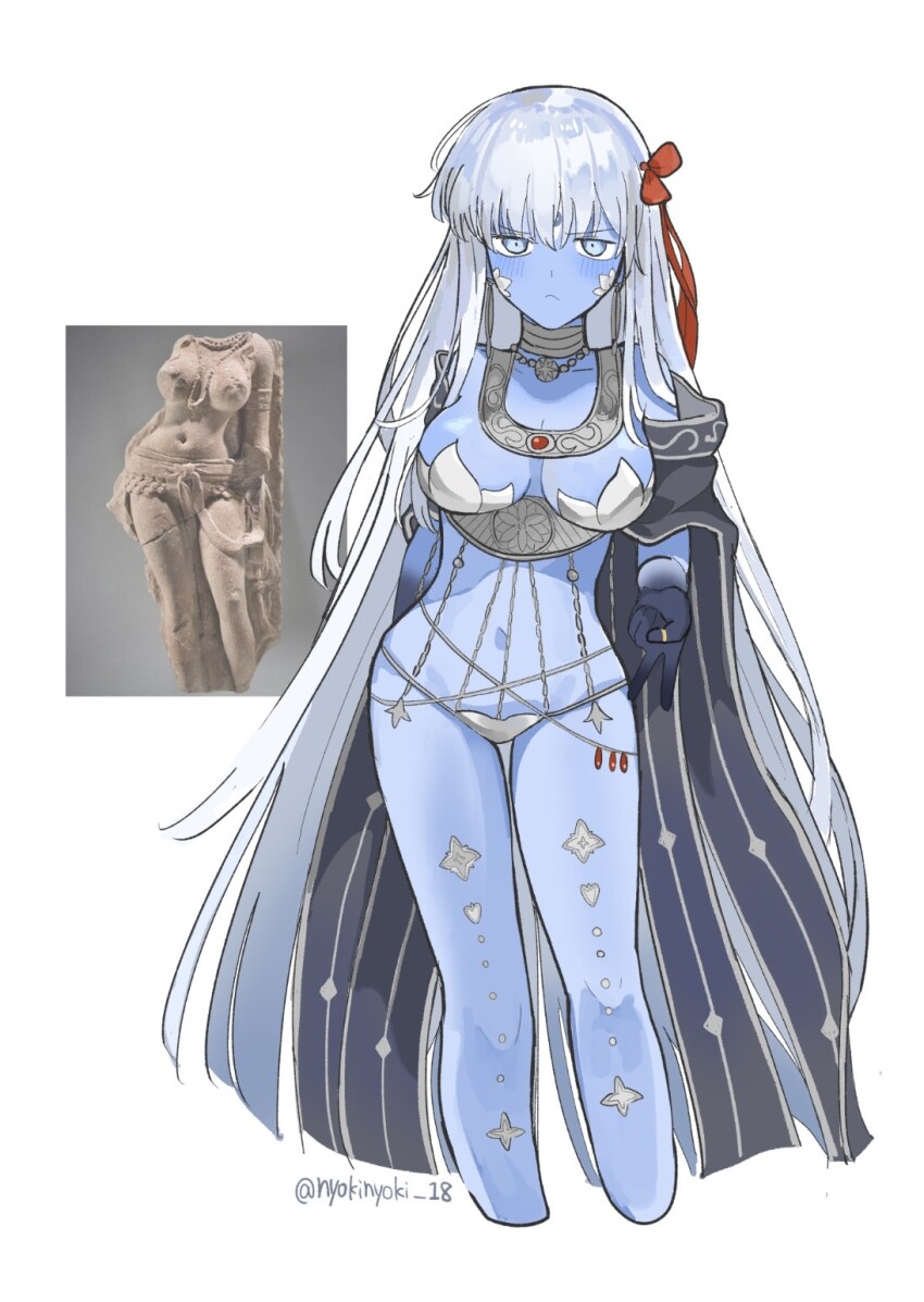 1girl armor artist_name bare_shoulders belly_chain bikini_armor blue_eyes blue_skin breasts cleavage colored_skin earrings fate/grand_order fate_(series) hair_ribbon highres jewelry kali_(fate) large_breasts long_hair looking_at_viewer meme navel neck_ring necklace nyokinyoki_18 photo_inset reference_inset revealing_clothes ribbon sash snake solo thighs third_eye thumb_ring very_long_hair white_hair yakshi_statue_(meme)
