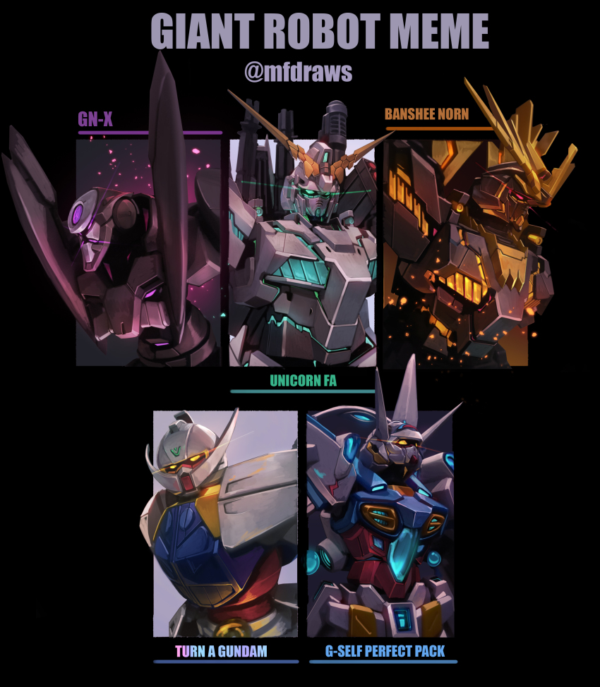 absurdres brayanong999 character_name english_text extra_eyes full_armor_unicorn_gundam g-self glowing glowing_eyes gn-x gundam gundam_00 gundam_g_no_reconguista gundam_unicorn highres looking_up mecha meme mobile_suit multiple_drawing_challenge no_humans nt-d purple_eyes red_eyes robot science_fiction shirt_cut_meme turn_a_gundam turn_a_gundam_(mobile_suit) unicorn_gundam unicorn_gundam_banshee upper_body v-fin yellow_eyes